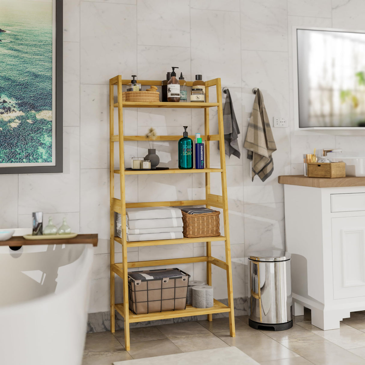 Ladder Shelf, 4-Tier Bookshelf, Bamboo Leaning Bookcase, Display Storage Rack Organizer, Freestanding Flower Plant Stand for Living Room, Home Office, Kitchen, Natural