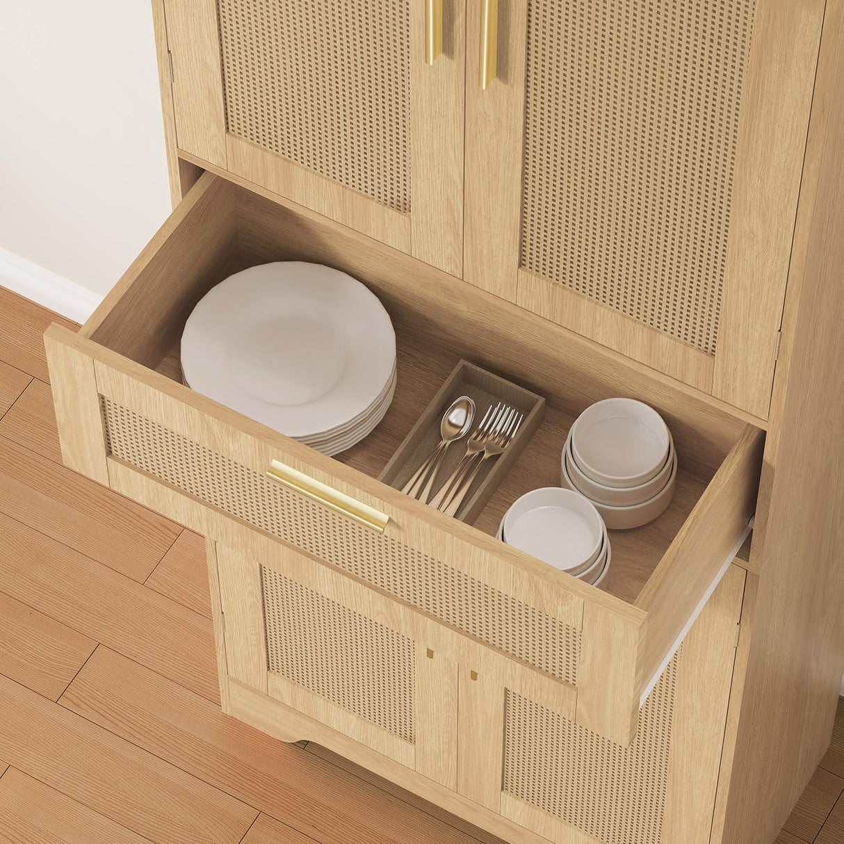 67" H Tall Rattan Storage Cabinet with 2 Adjustable Shelves & 1 Large Drawer, Pantry