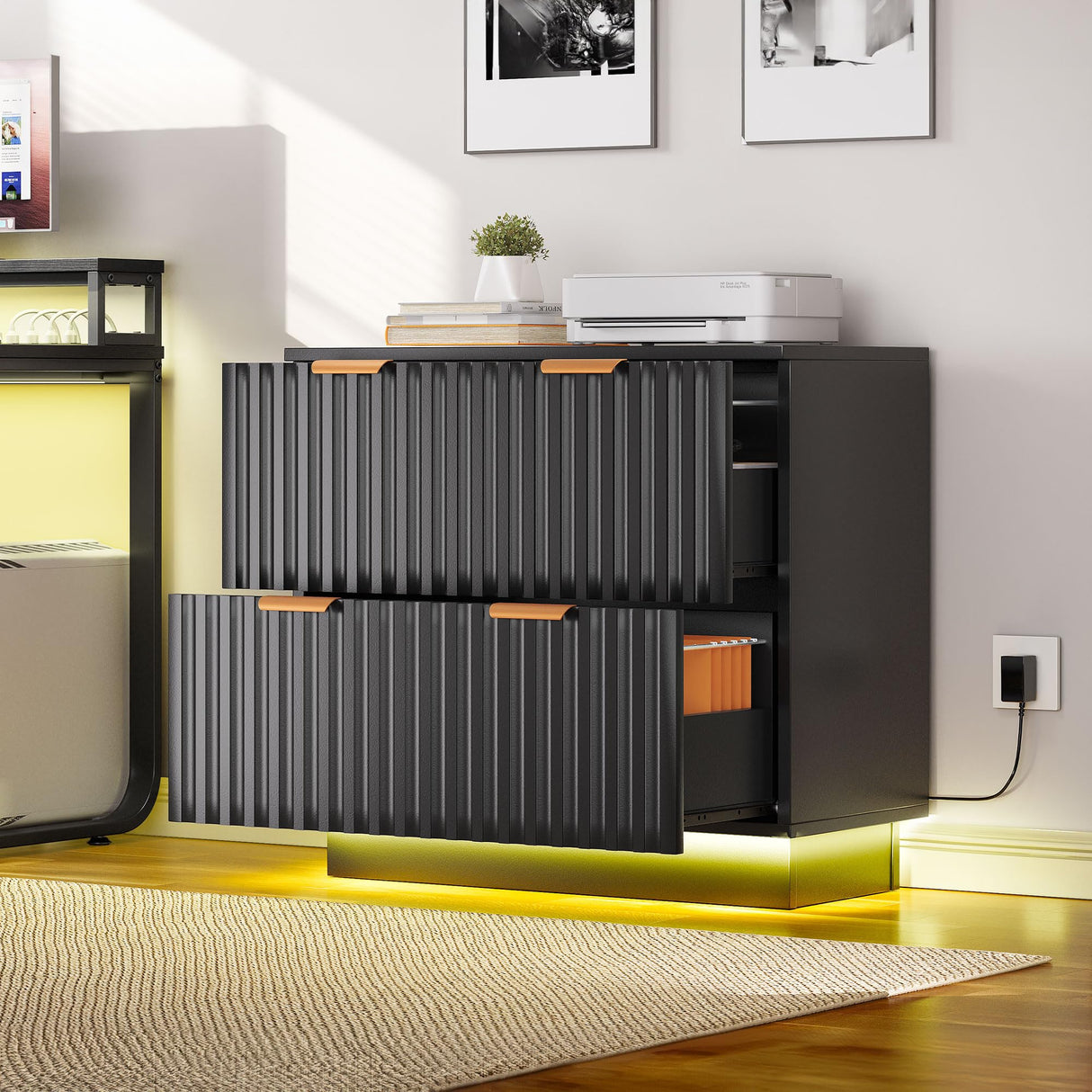 2 Drawer File Cabinet with Led Light, Modern Filing Cabinet