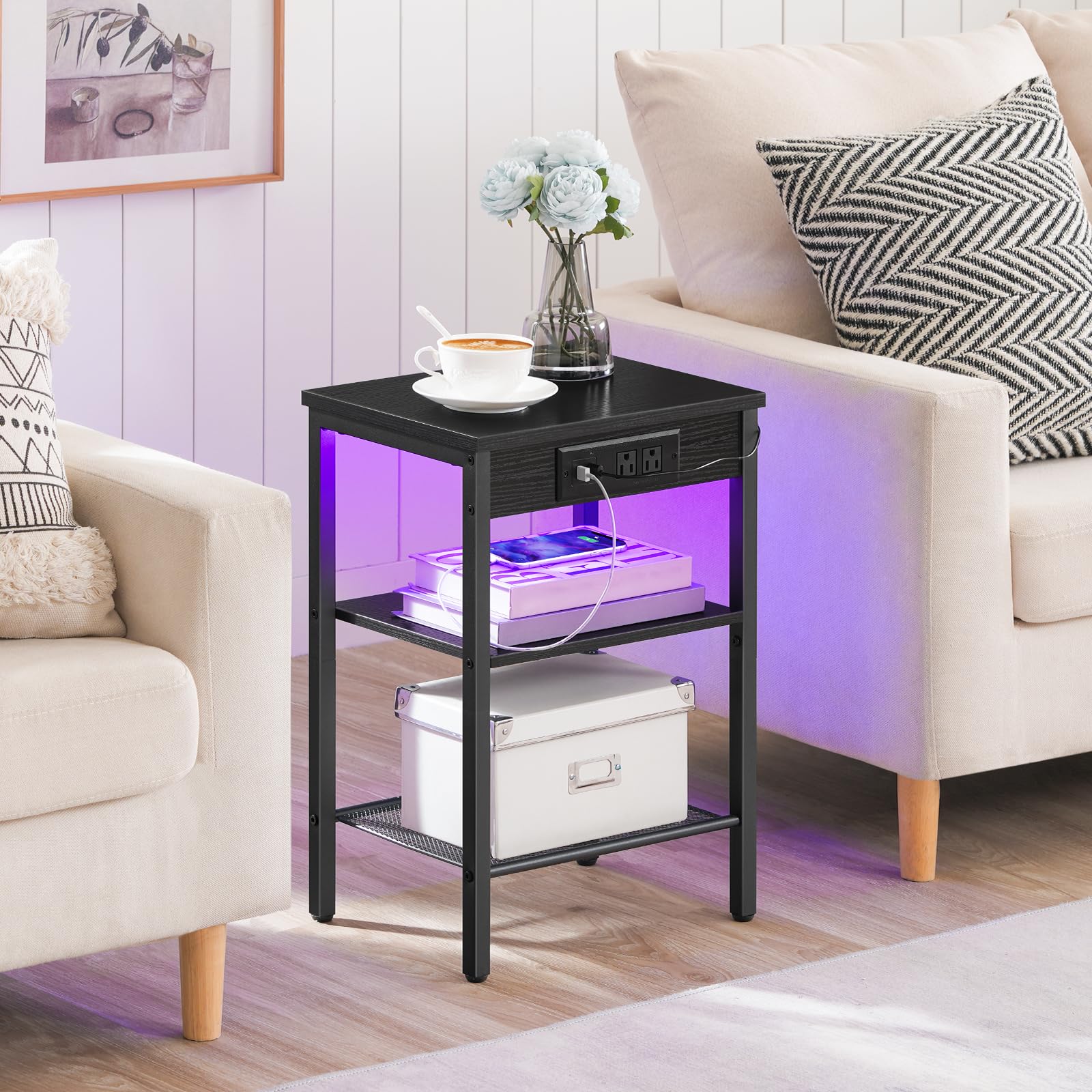 Side Table with Charging Station and LED Lights, Small End Table with Storage Shelves