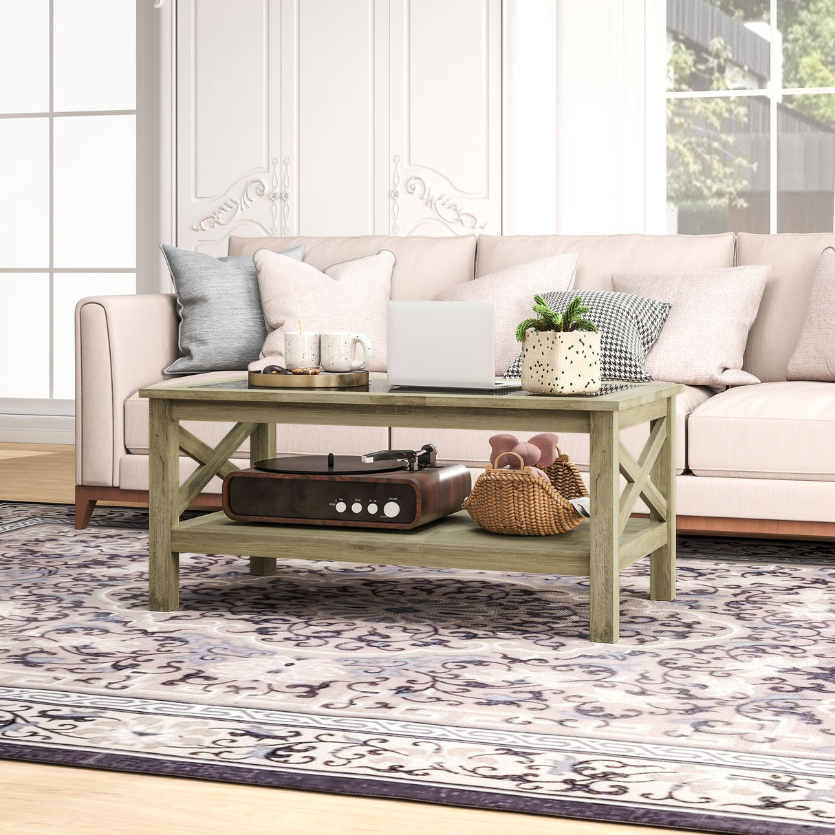 Glass Coffee Table, Modern Farmhouse Center Table with Storage, Side Table