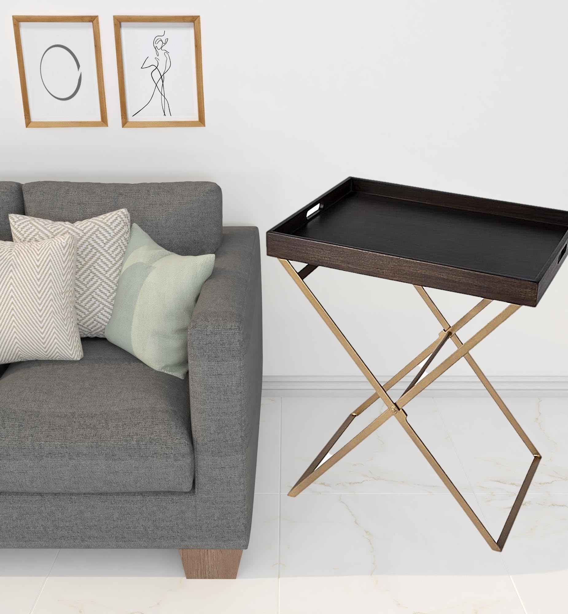 AurumWood 27" Gold-Legged Walnut Tray End Table