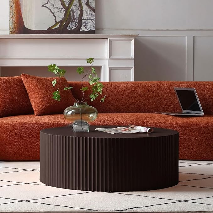 Large Round Coffee Table for Living Room Drum Coffee Table Modern Large Circle Coffee Table Fluted Coffee Table for Apartment Mall No Need Assembly (Matte Brown)