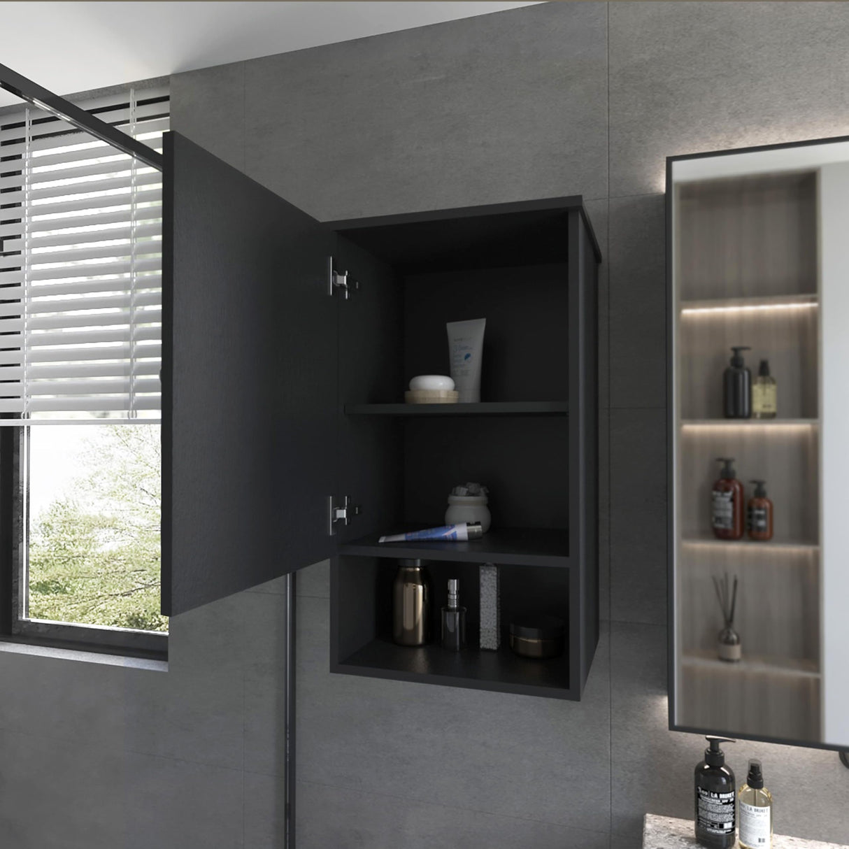 Recessed Medicine Cabinet with One Door, Two Internal Shelves, Black Melamine Finish
