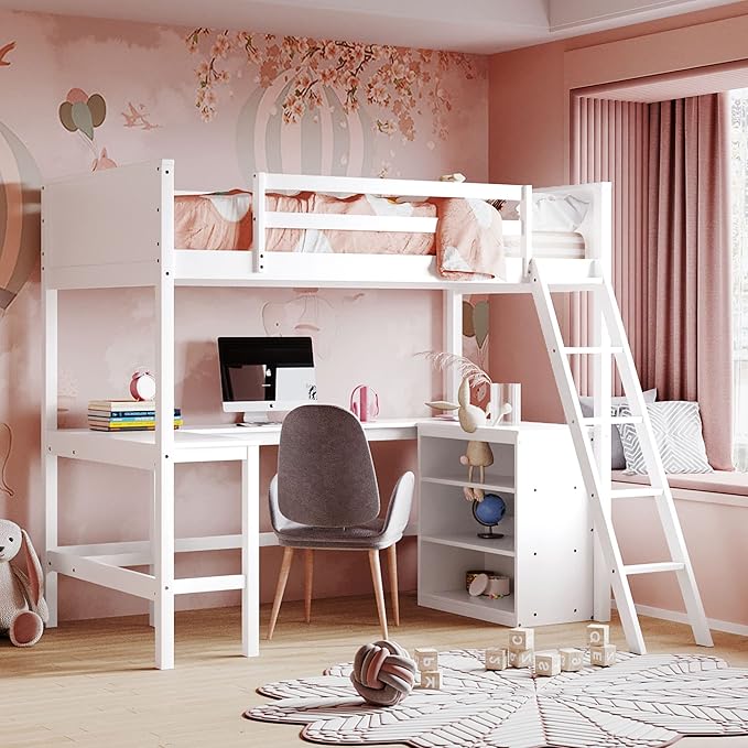 Twin Size, Wood Twin Loft Bed with Desk and Shelves, Loft Bed Twin for Teens and Adults,