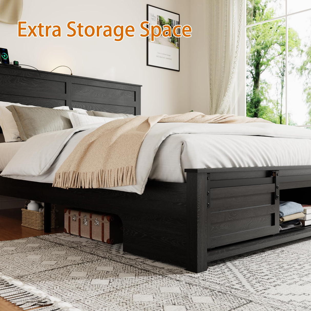 Full Size Wooden Bed Frame with Headboard and Storage