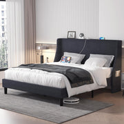 Queen Bed Frame with Type-C & USB Port, Wingback Headboard, Upholstered Platform