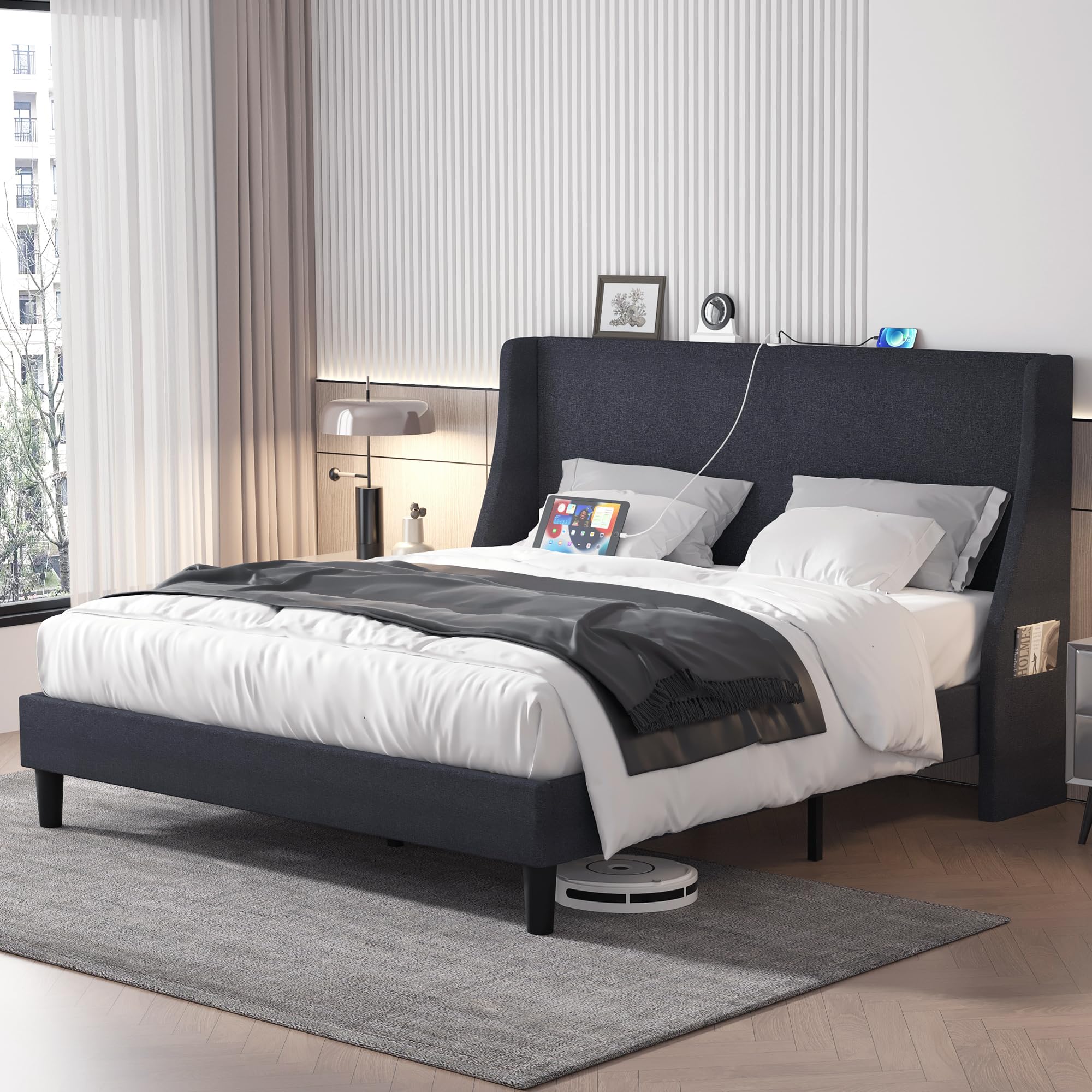 Queen Bed Frame with Type-C & USB Port, Wingback Headboard, Upholstered Platform