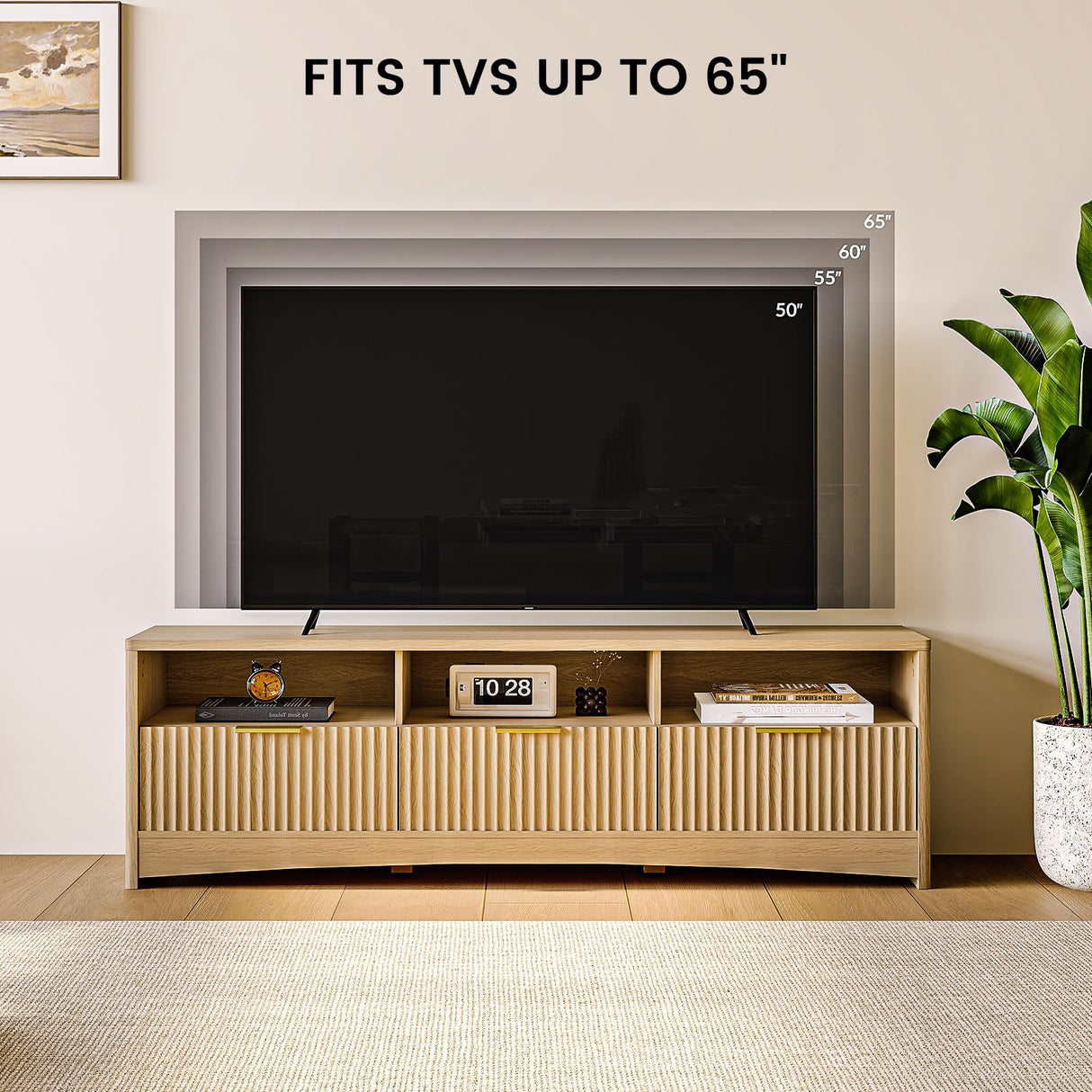 Fluted TV Stand for 50-65" TVs with Drawers and Open Shelf