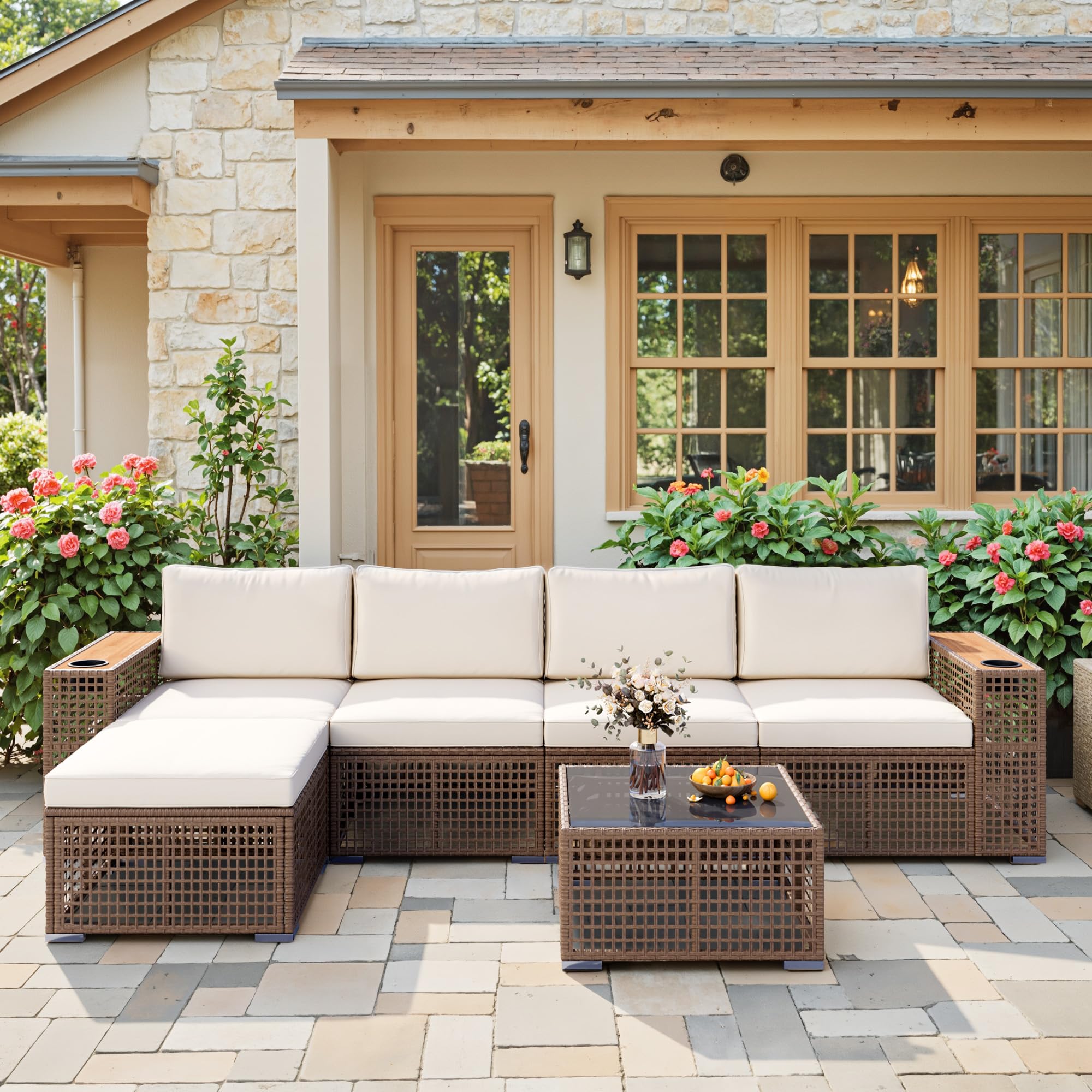 Patio Furniture Set 6-Piece Outdoor Sectional Sofa Hollow Rattan Patio Seating Sofa