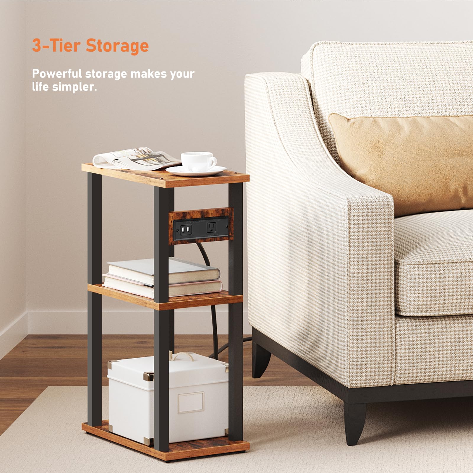 Small Narrow Side Table with Charging Station