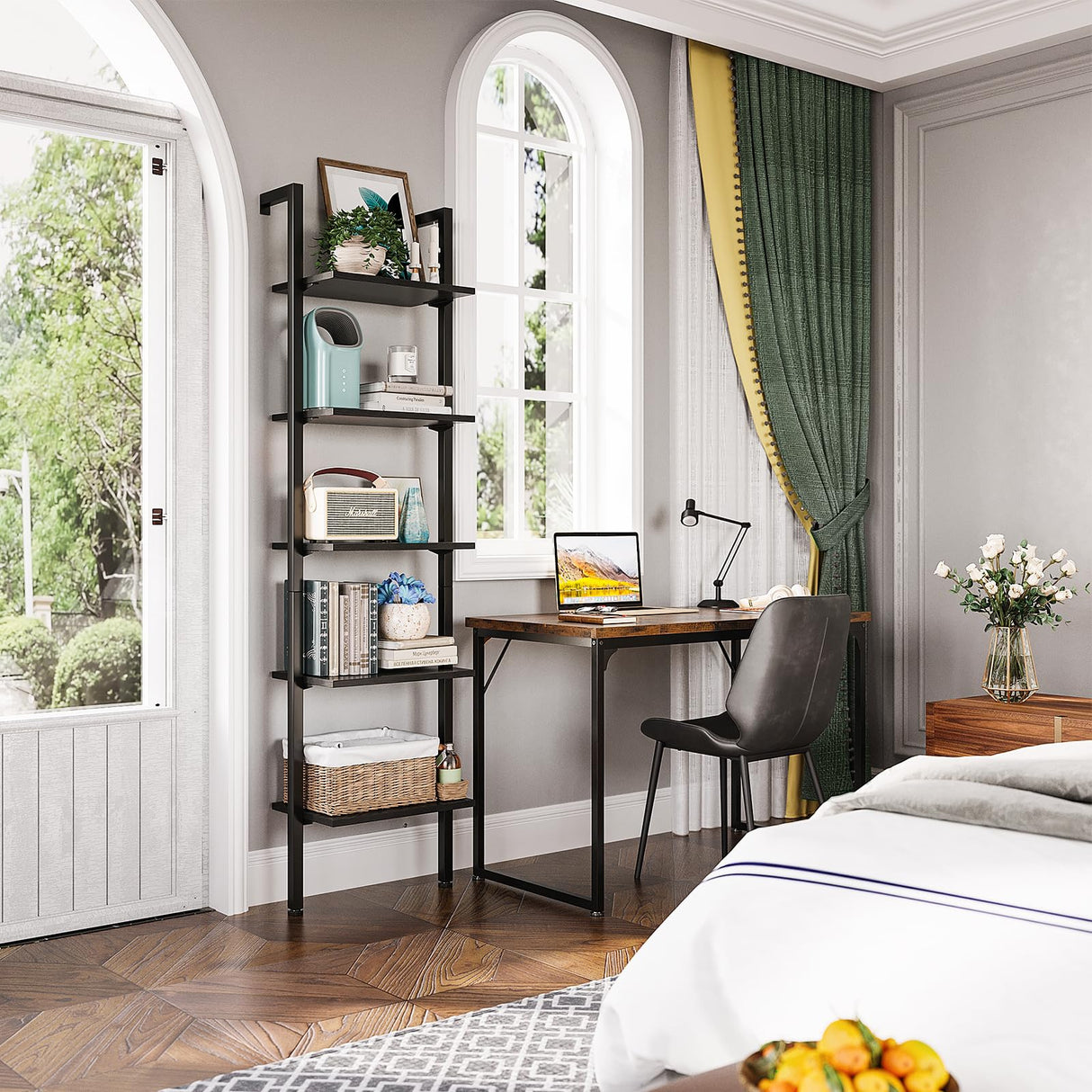 Ladder Shelf, 5 Tier Black Bookshelf, 72 Inch Wall Mounted Book Shelf