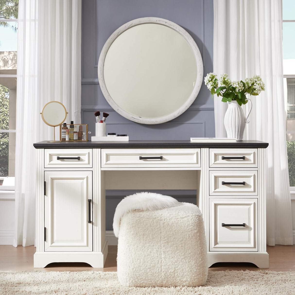 JXQTLINGMU 58 Inch Large Computer Desk with Drawers, Embossed Texture Home Office Desk, Workspace for Work Study Writing, White