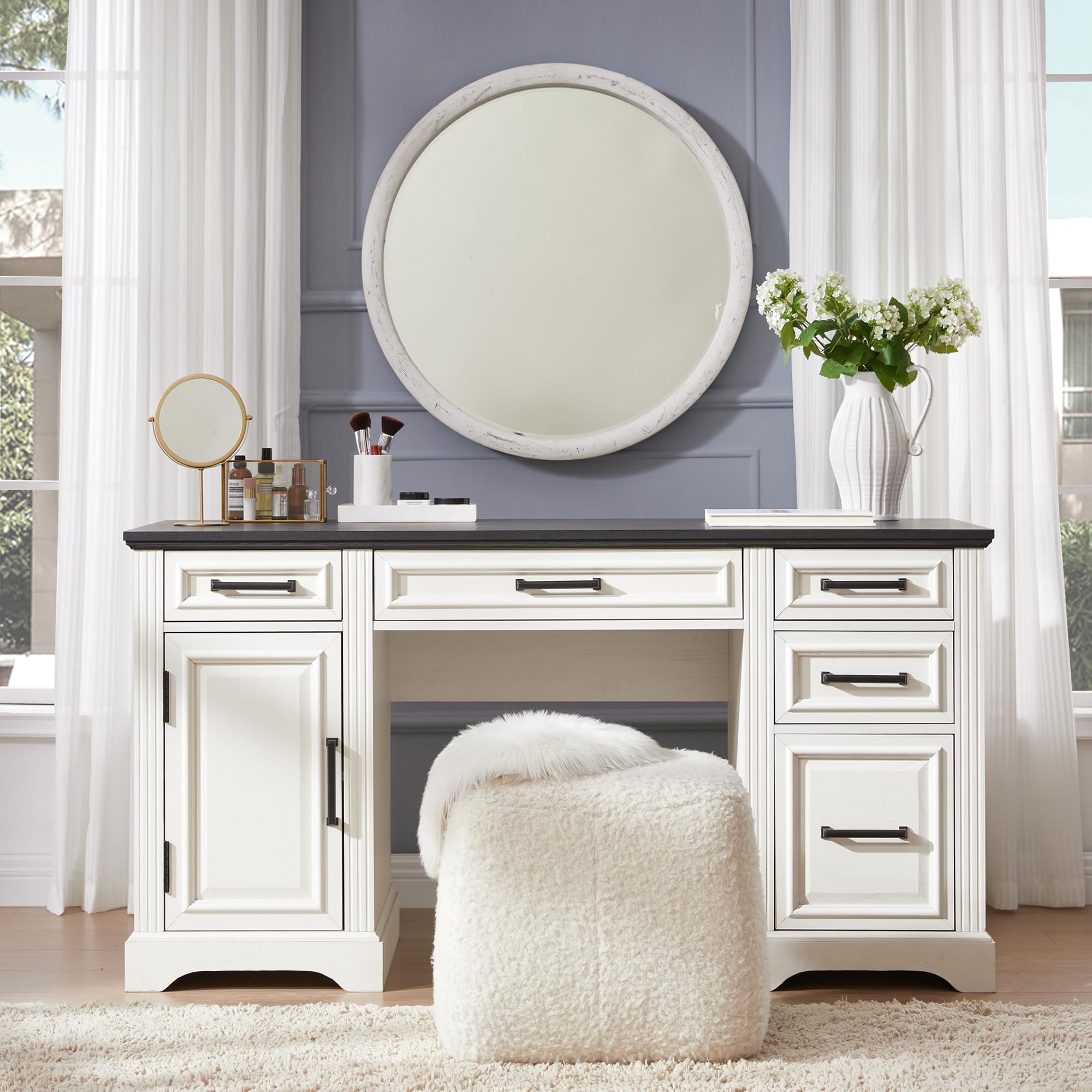 JXQTLINGMU 58 Inch Large Computer Desk with Drawers, Embossed Texture Home Office Desk, Workspace for Work Study Writing, White