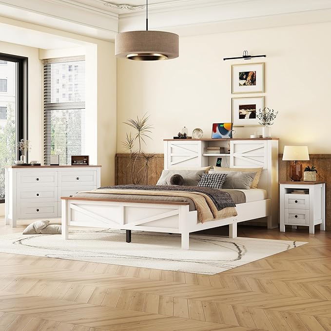 3-Pieces Bedroom Sets, Farmhouse Platform Bed, Storage Nightstand
