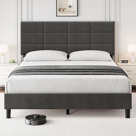 King Size Bed Frame with Headboard, Linen Upholstered King Bed Frame