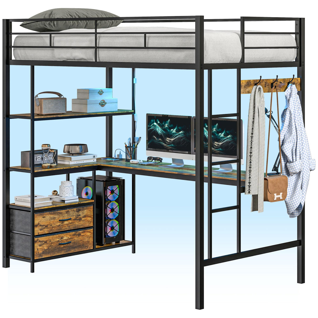 Twin Size with L-Shaped Desk, LED Lights, Charging Station, for Teens Adults, Twin Loft