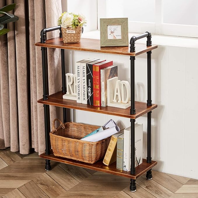 Industrial Bookshelves, Wood Pipe Bookshelf, 5 Shelf Rustic Display Storage Tall Standing