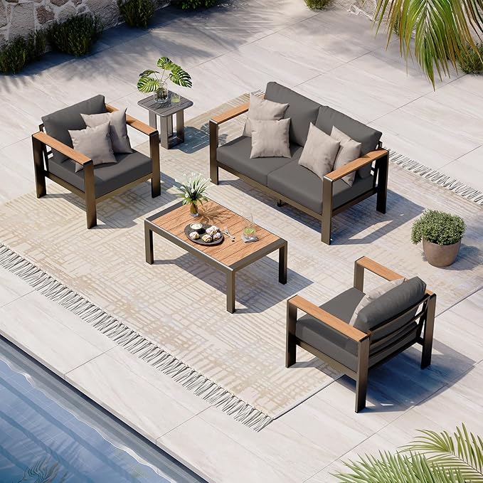 Aluminum Outdoor Patio Furniture Set with Coffee Table, 4 Piece Patio Conversation Sets