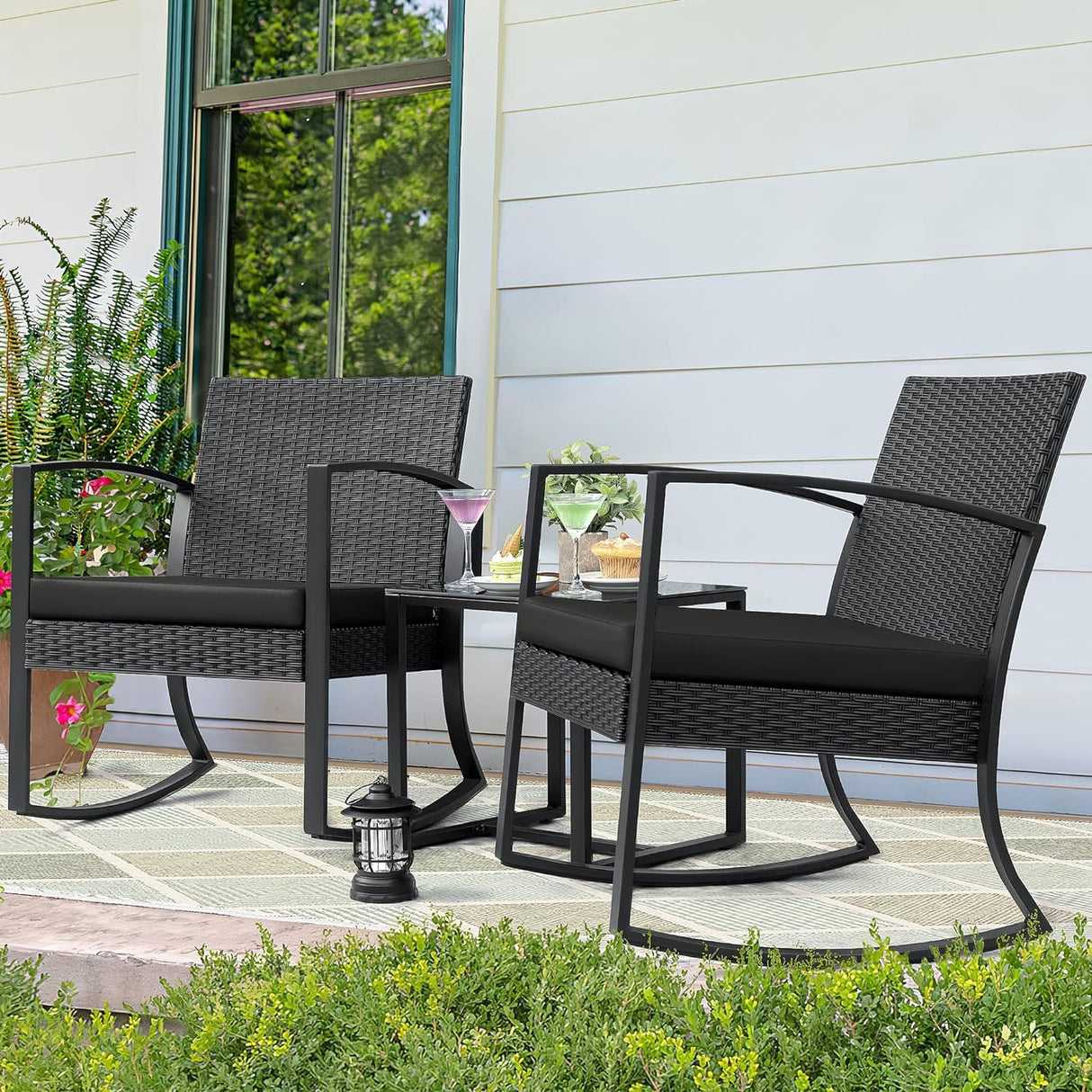 Patio Furniture Set 3 Piece Resin Outdoor Bistro Set Rocking Patio Chairs with Cushions