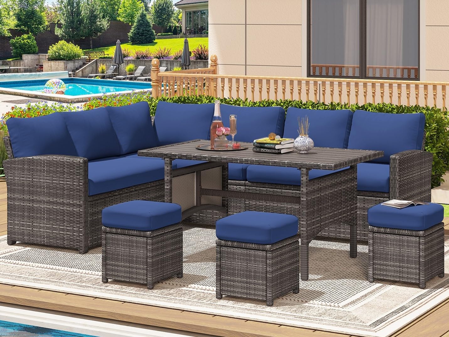 Patio Furniture Set with Cover, 7 Pieces Outdoor Sectional Sofa Conversation Set All Weather Wicker Rattan Couch Dining Table & Chair with Ottoman, Dark Blue