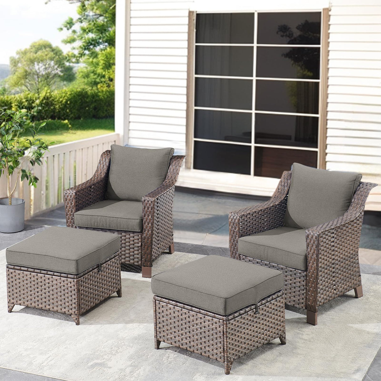 Outdoor Wicker Ottomans Rattan Footrests - Heavy Duty Outside Resin Rattan