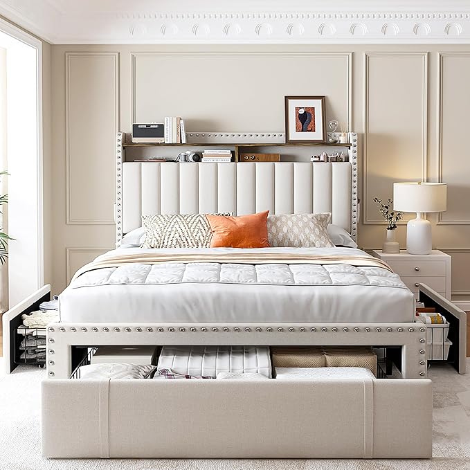 Queen Bed Frame with 3 Drawers,Upholstered Queen Size Bed Frame