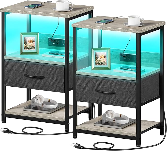 Nightstand Set of 2, LED Bedside Tables with Charging Station and Fabric Drawer, Night