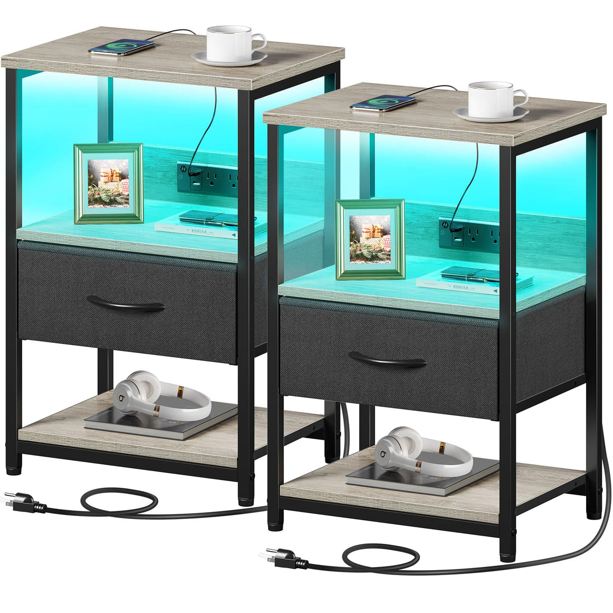 Nightstand Set of 2, LED Bedside Tables