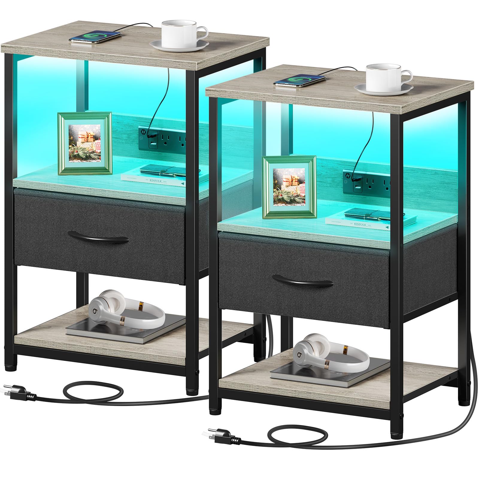 Nightstand Set of 2, LED Bedside Tables