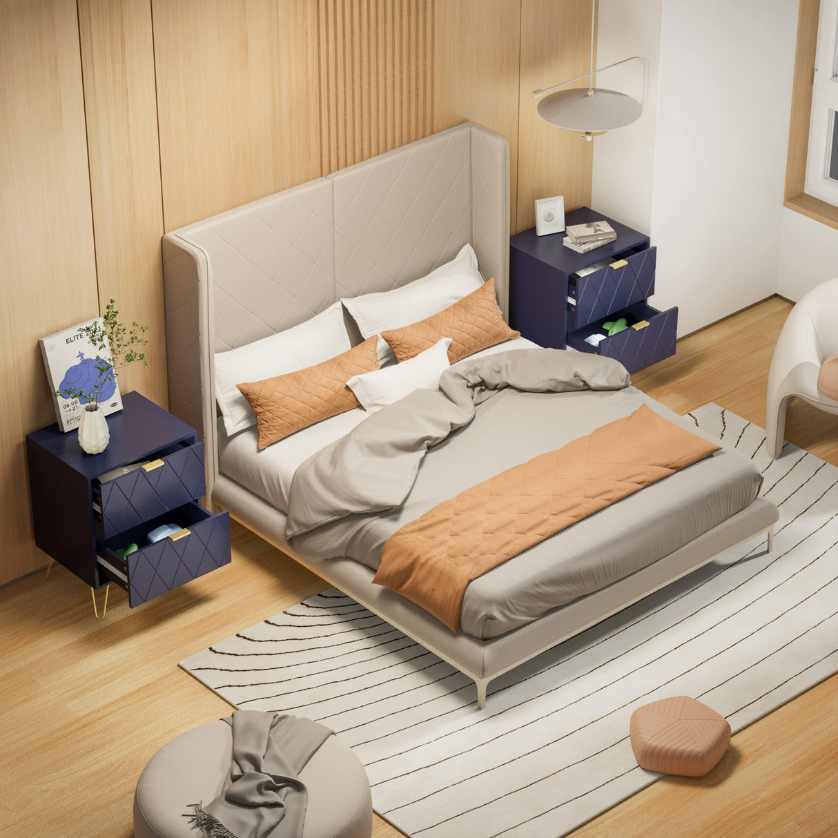 Navy 3 Pcs Bedroom Sets, Large 6 Drawer Dresser and Night Stand