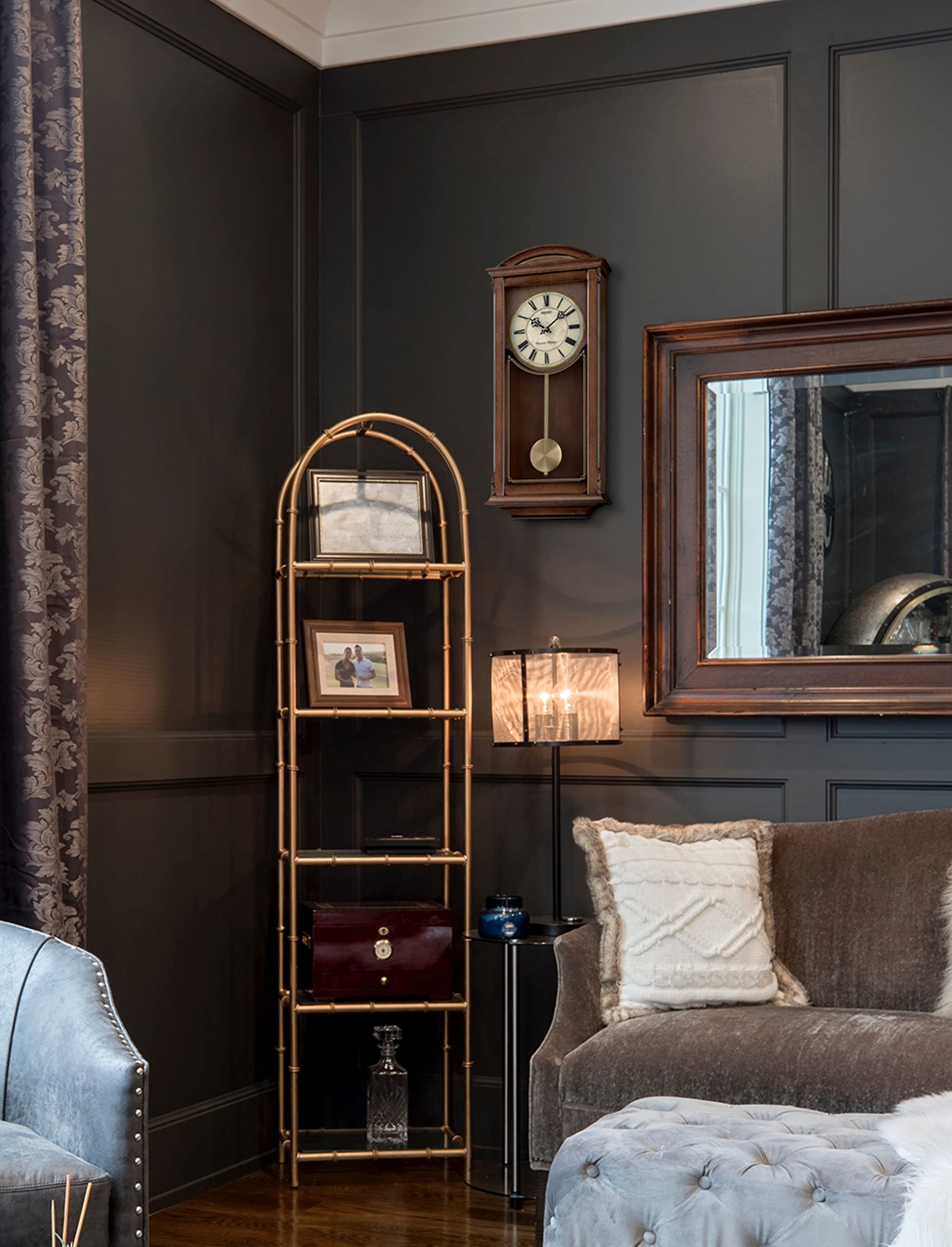 Arched Wall Clock with Pendulum and Dual Chimes, brown, 21 x 10 x 4 Inch