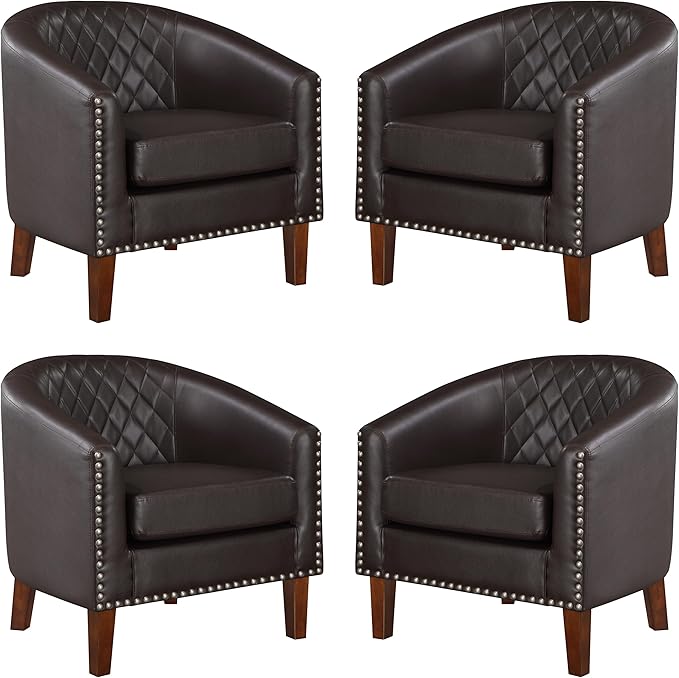 Comfy Barrel Accent Chair Set of 2 - Faux Leather Living Room Chair Club Chair