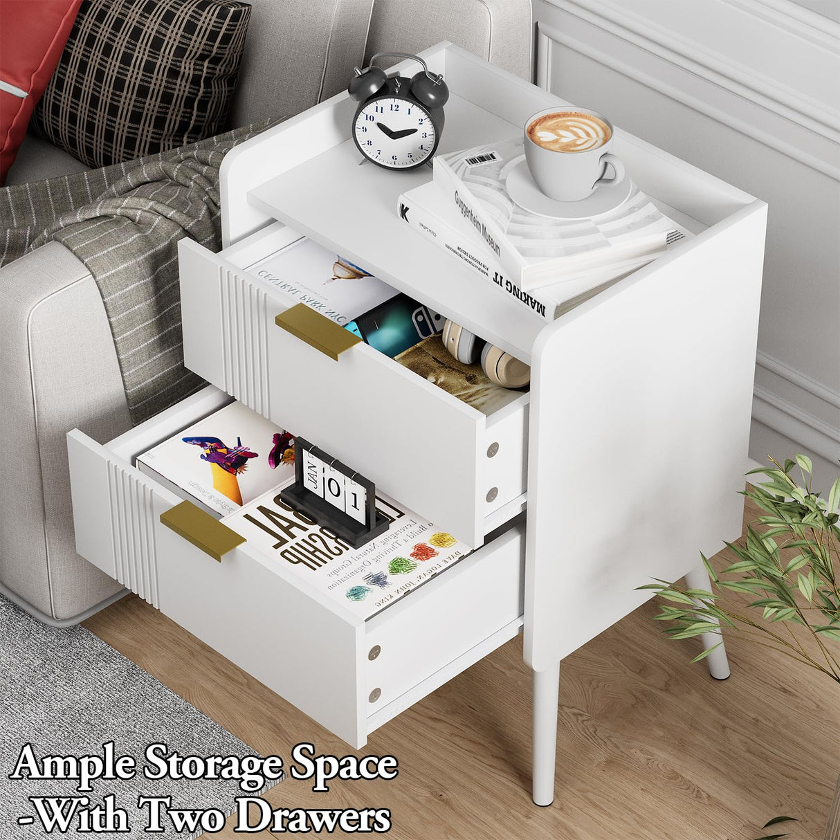 White Nightstand Modern Bedside Table with 2 Storage Drawer, Small Night Stand