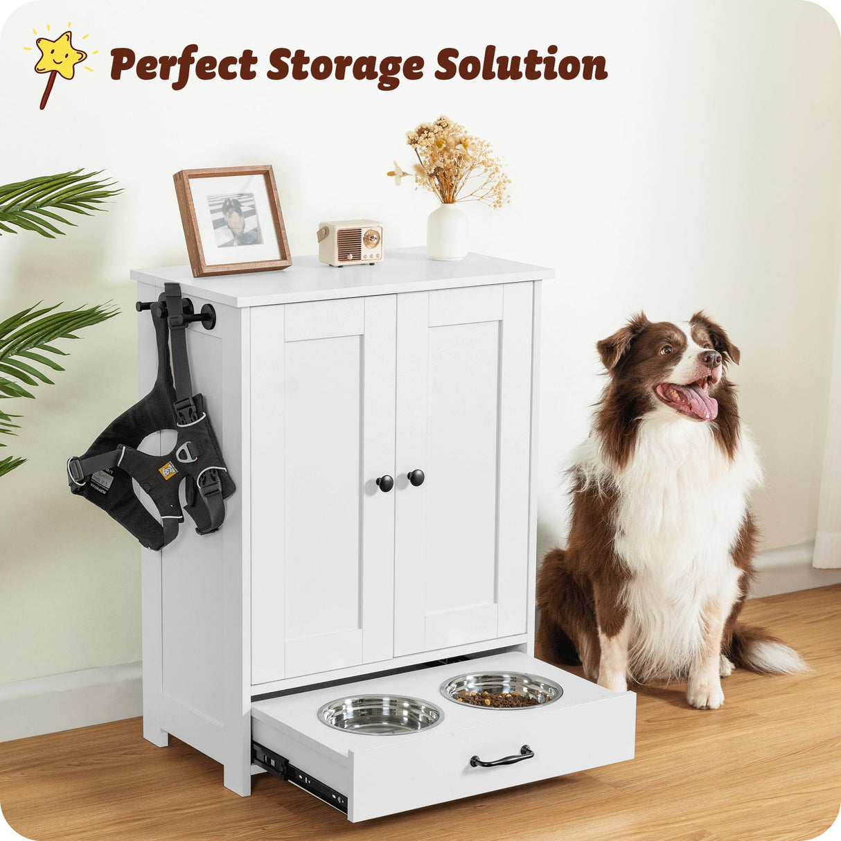 Dog Feeding Station with Storage Cabinet and 2 Elevated Bowls