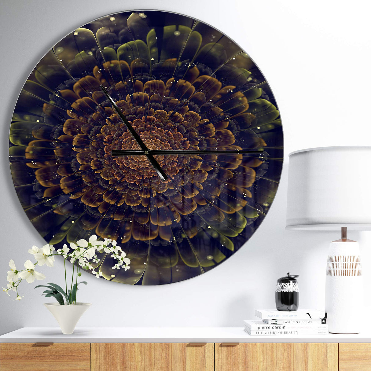 Modern Wall Clock 'Orange Fractal Flower with Green