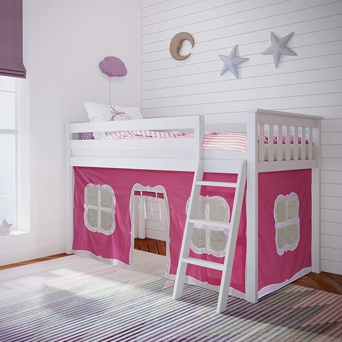 Low Loft Bed, Twin Bed Frame For Kids With Slide and Curtains For Bottom