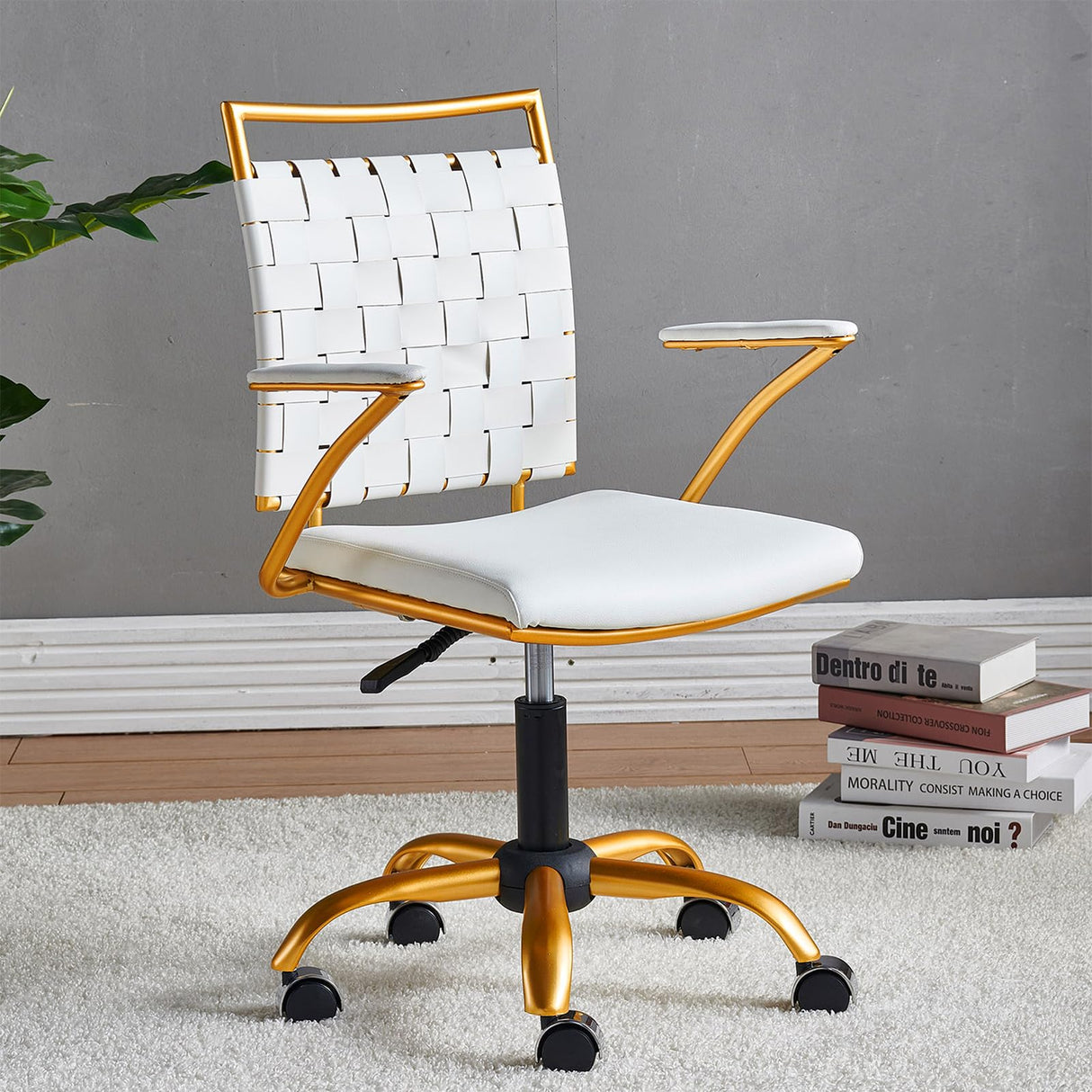 Gold Accent Office Chair with Wheels - White Adjustable Swivel Desk Chair