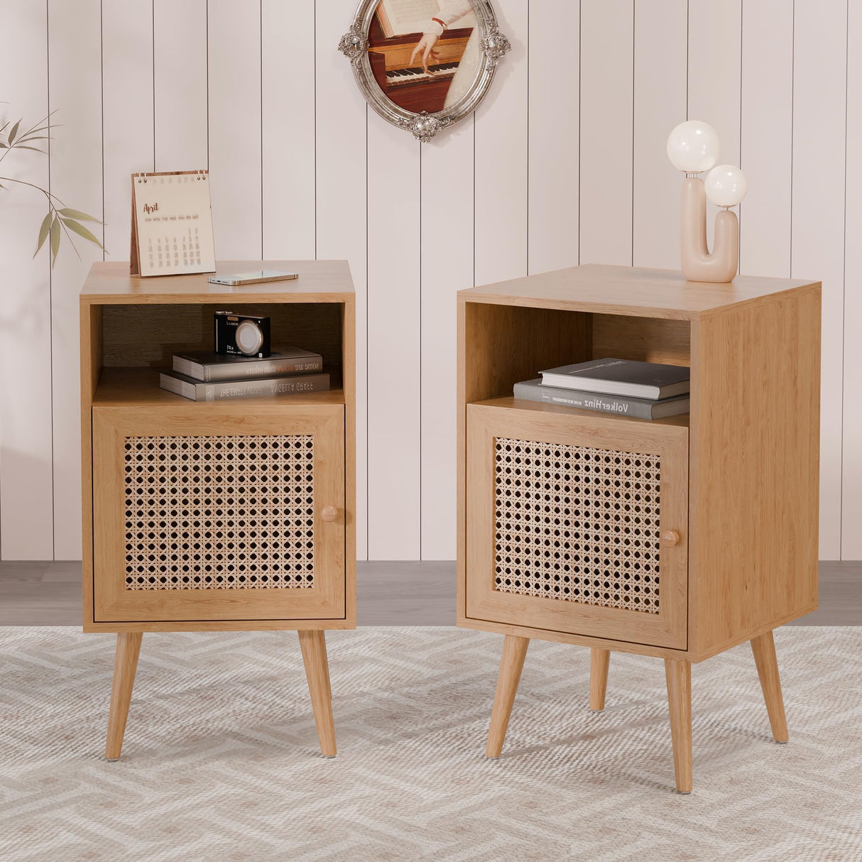 Rattan Nightstand Set of 2,Boho Side Table