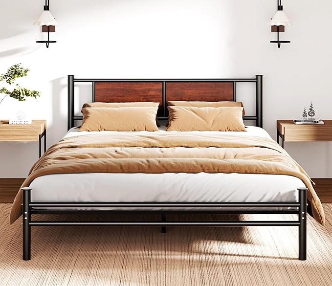 Queen Size Bed Frame with Wooden Headboard, Heavy Duty Platform Bed with 12 inches