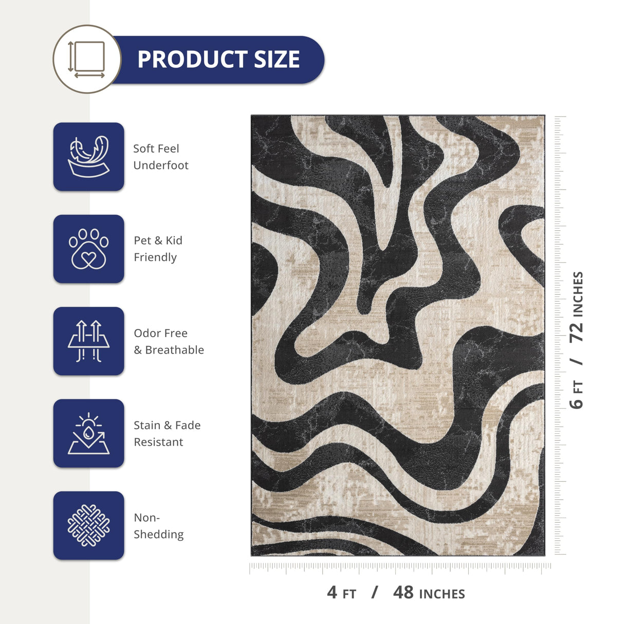 Beige Black Swirl Area Rug 4x6 - Contemporary Abstract Design