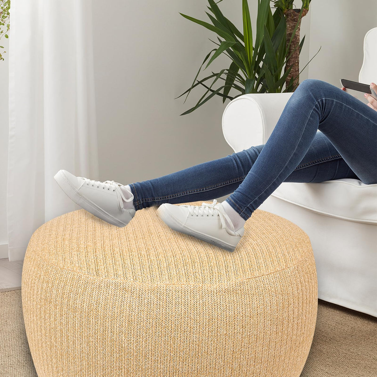 Woven Inflatable Ottoman, Fade-Resistant D31”x H14” Outdoor Indoor Pouf Patio Footrest Stool with Portable Handle, Round Ottoman for Patio Garden, Camping, Bedroom, Living Room