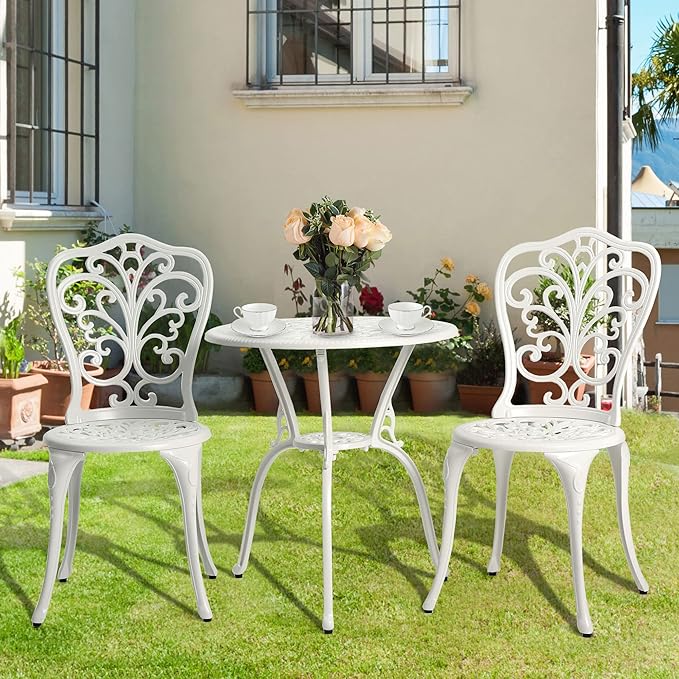 3-Piece Outdoor Bistro Table and Chairs Set - Rose Pattern Cast Aluminum Patio Furniture