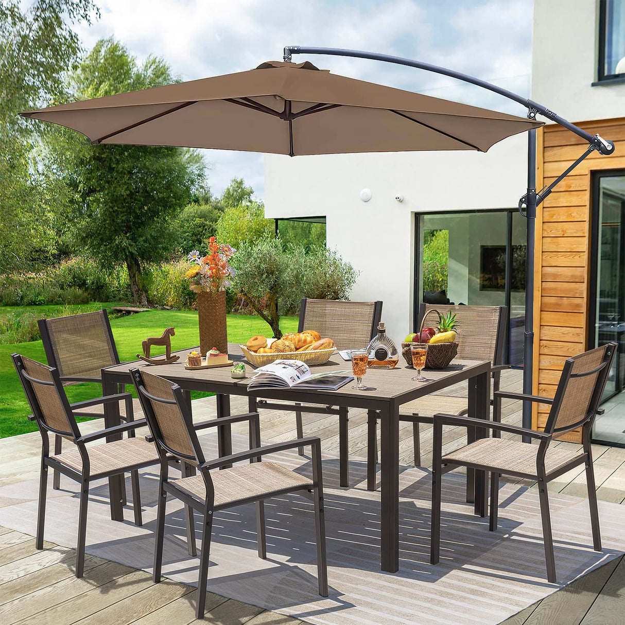 7 Pieces Patio Dining Set Outdoor Furniture with 6 Stackable Textilene Chairs and Large