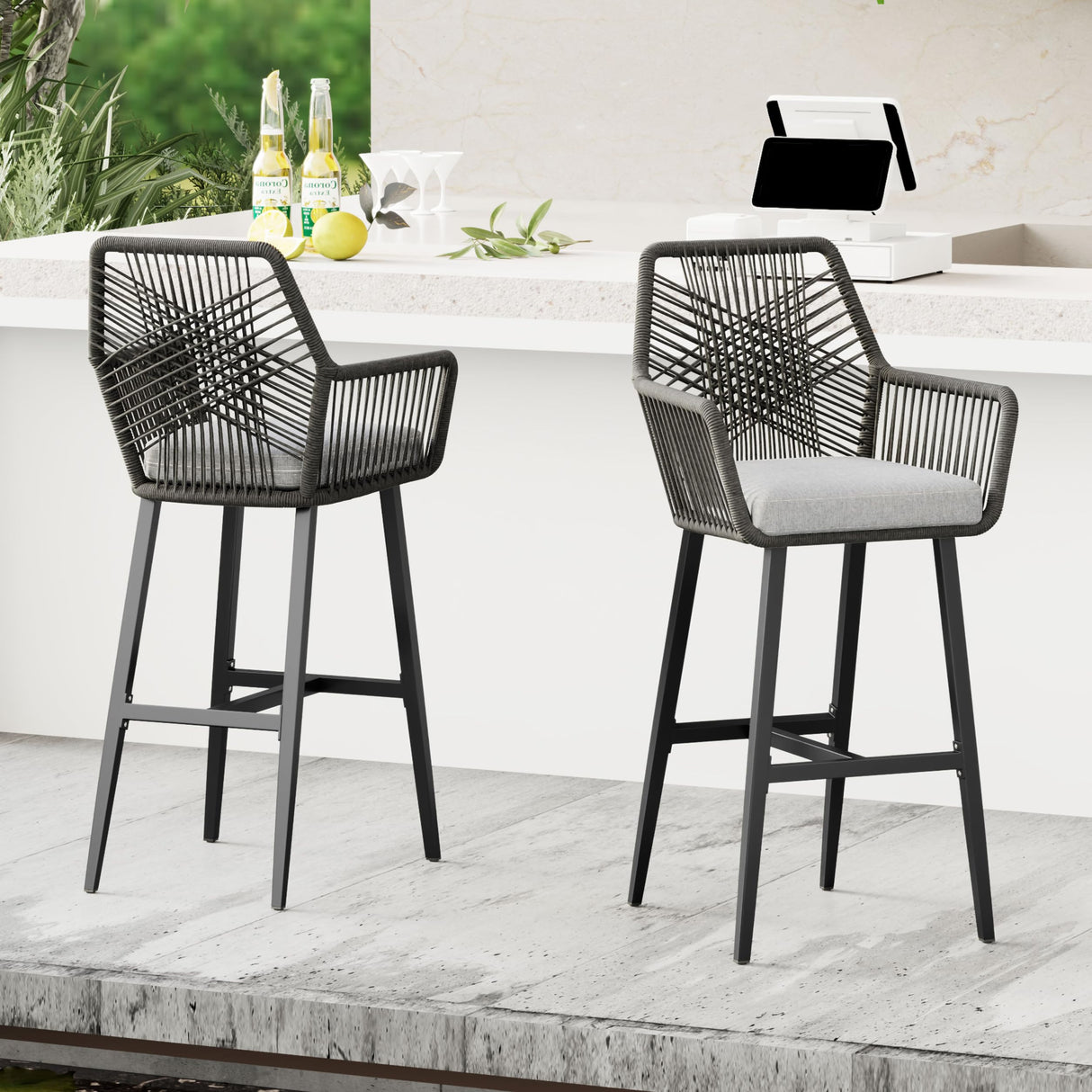 28'' Outdoor Counter Height Bar Stools Set of 2, Rattan Bar stools Boho Woven Patio
