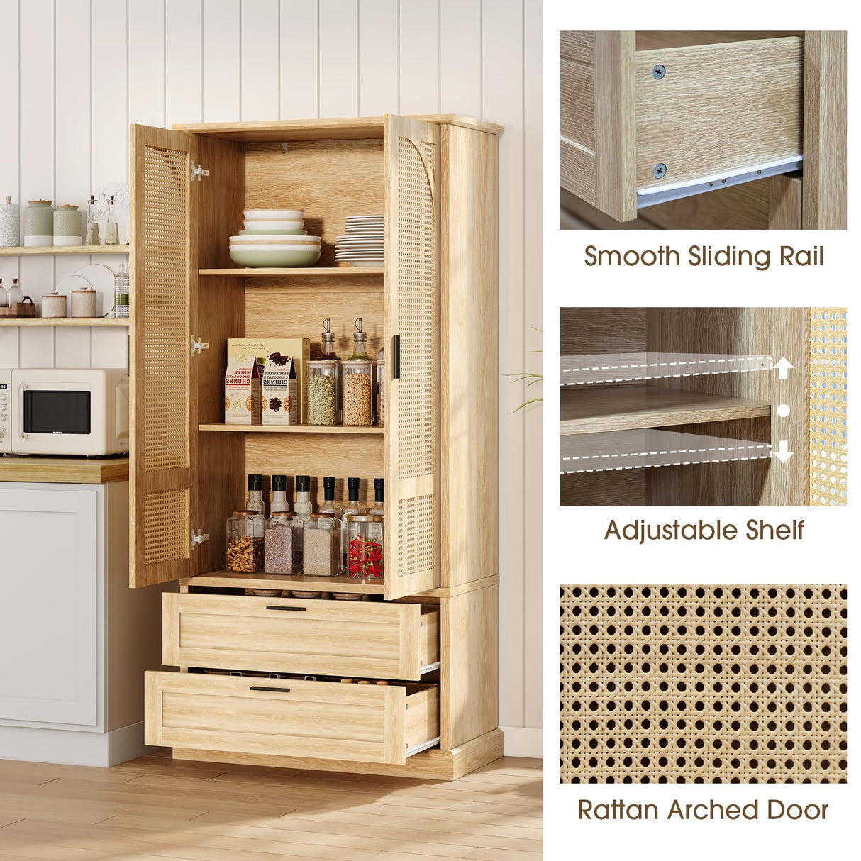 Kitchen Pantry Storage Cabinet,67" Tall,with 2 Drawers,Adjustable Shelf,Rattan Doors