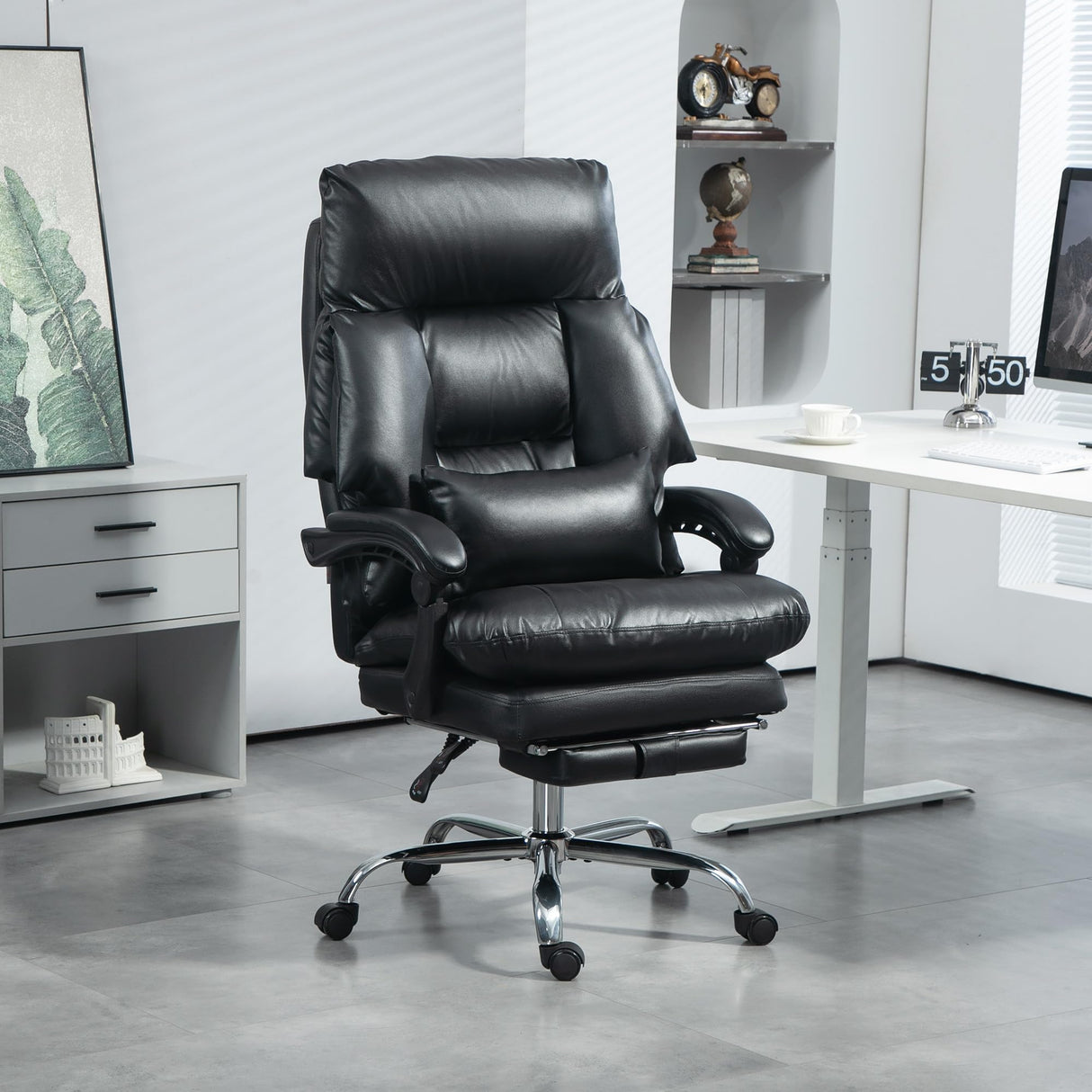 Overstuffed Executive Office Chair, High Back Desk Chair with Swivel Wheels, Foot Rest, Thick Padded, Reclining PU Leather Computer Chair, Black