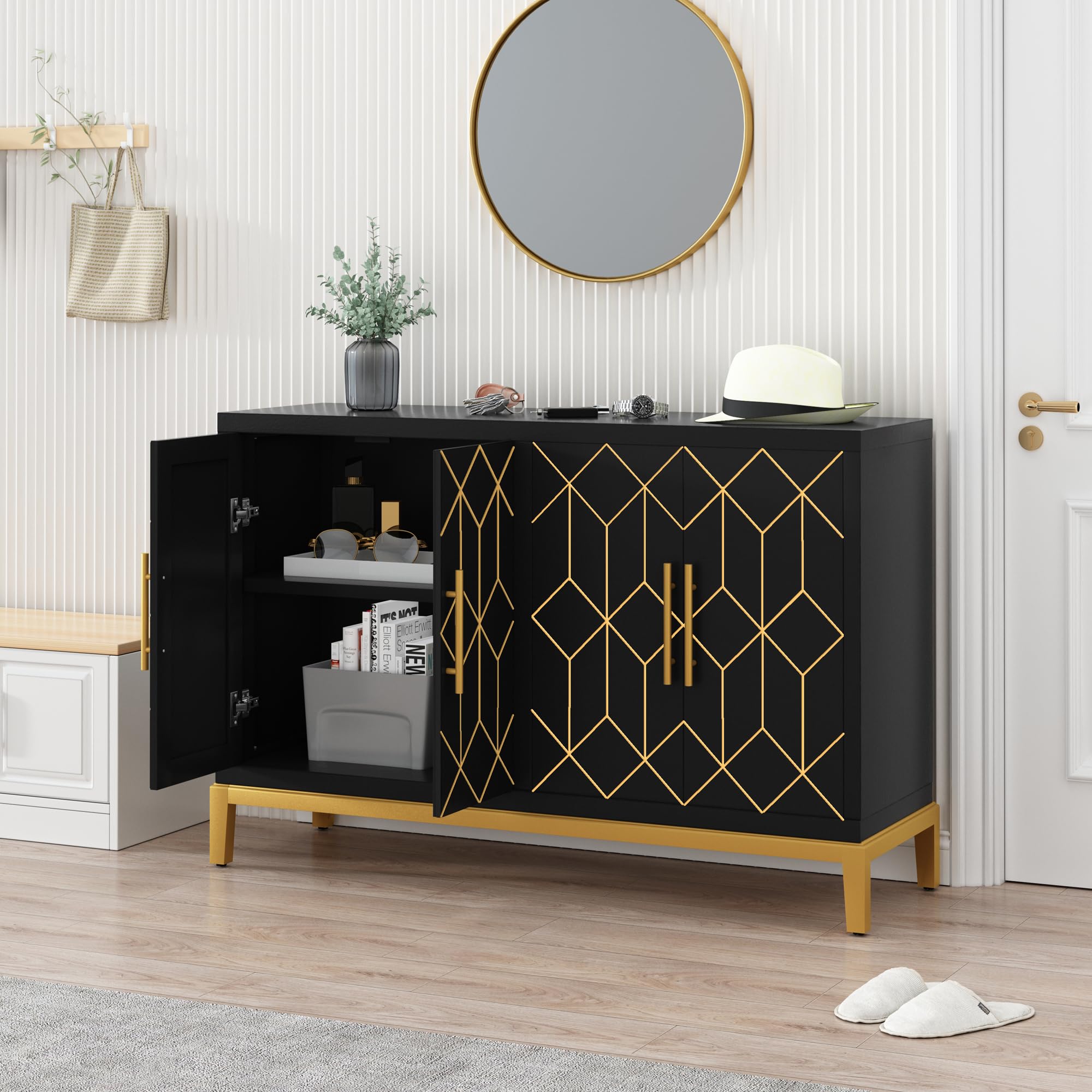 Sideboard Buffet Cabinet with 4 Doors&Shelves, Carved Decorative Accent Storage