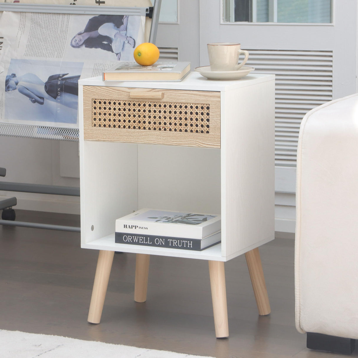 White Rattan Nightstand, Modern Nightstand with Rattan Drawer