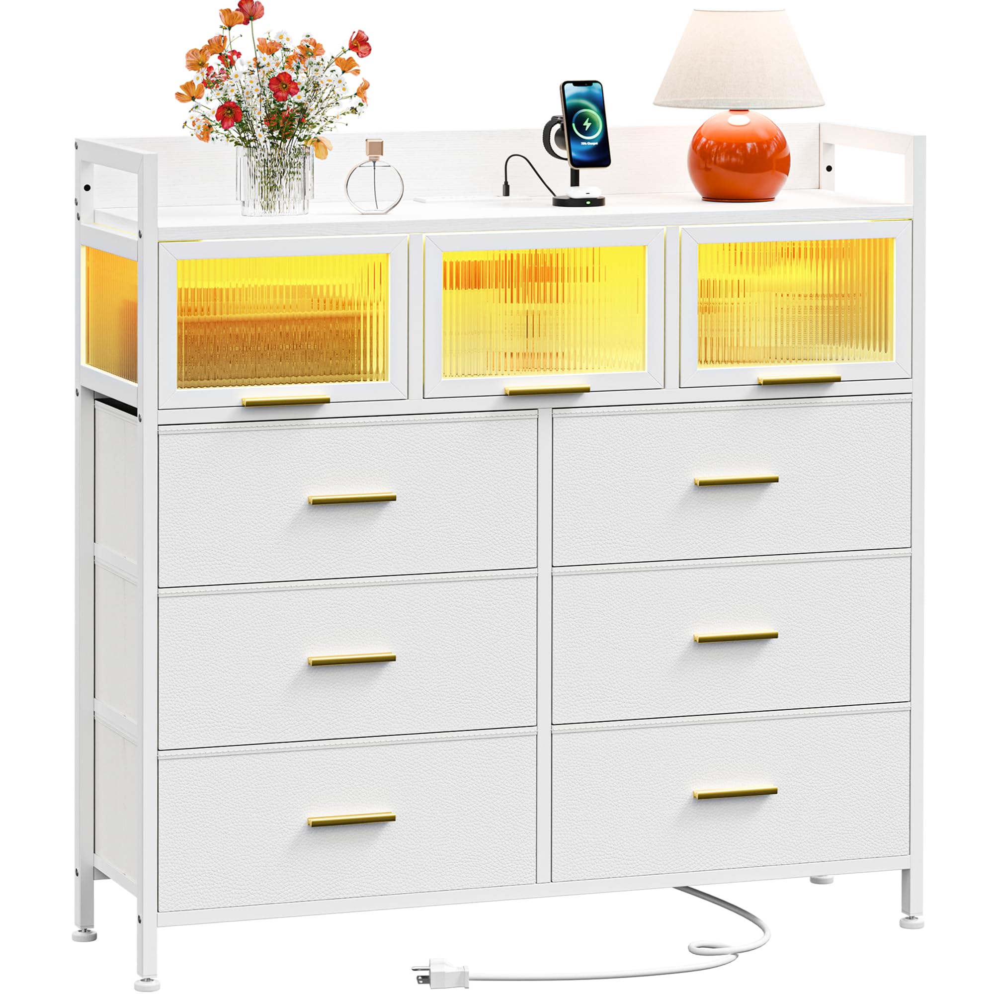 Dresser & Chest of Drawers with LED Lights, Power Outlets & Acrylic Window - Modern